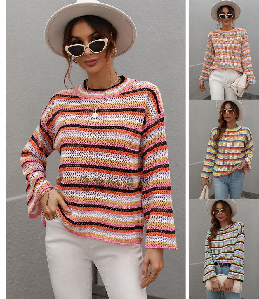 European and American Stitching Knitwear Women's Loose Cross-Color Foreign Trade round Neck Striped Sweater Women