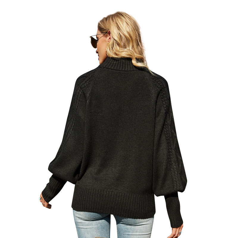 Women's Solid Color Lantern Sleeve Mock Neck Sweater Fashion British Loose Pullover Sweater