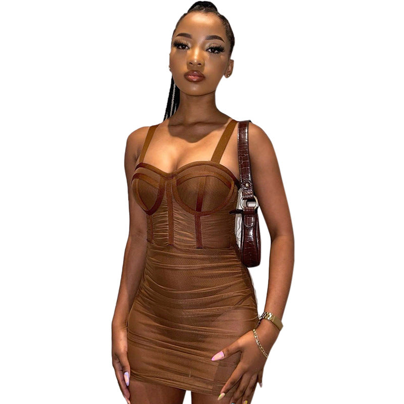 K21ds433 2022 Summer New Solid Color See-through Pleated Sexy Short Dress
