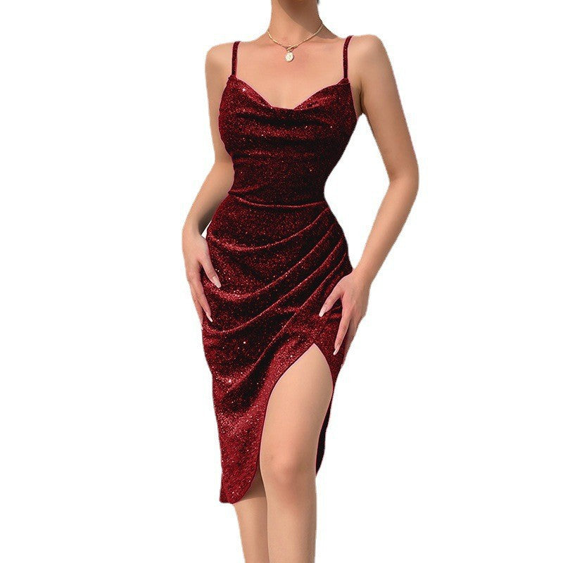 Sexy Velvet Solid Color Shiny Material Split Pleated Suspender Dress for Women