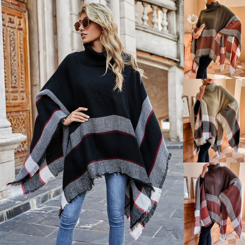 Autumn and Winter New High Neck Plaid Tassel Shawl Sweater Coat