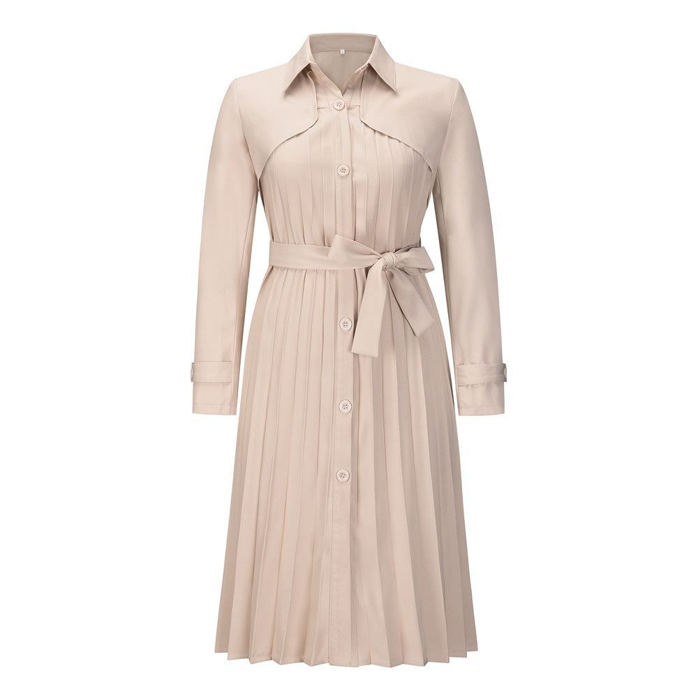 Casual Trench Coat Temperament Slim-Fit Pleated Skirt New Ladies Long Sleeve Dress