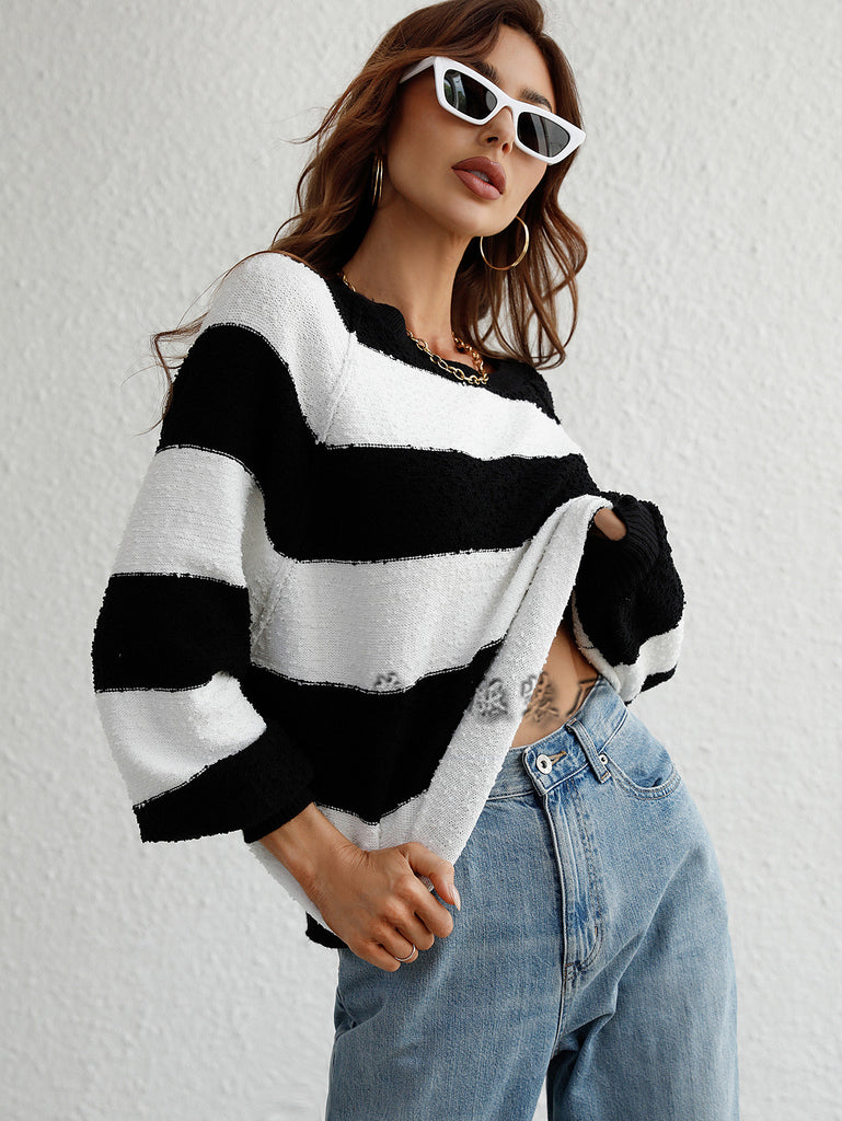 2 Sweater Stitching Color Striped Sweater Pullover Loose Sweater for Women