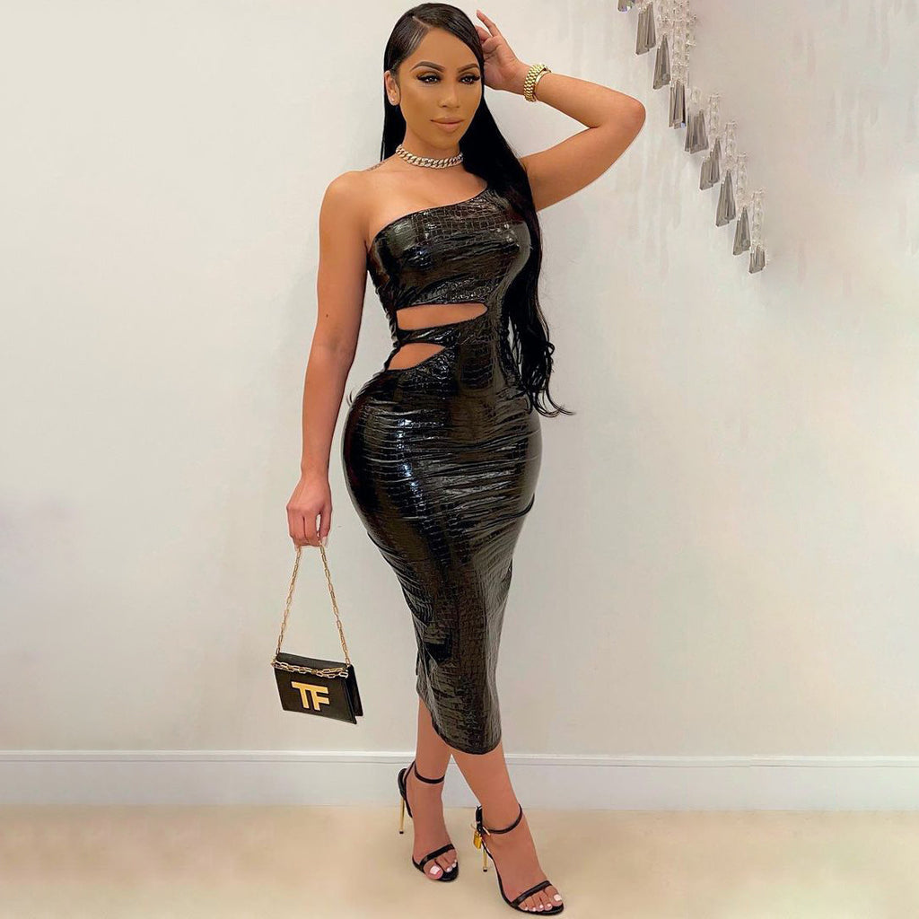 S390094 Women's new hot style PU sexy one-shoulder leather skirt tube top strap tight dress