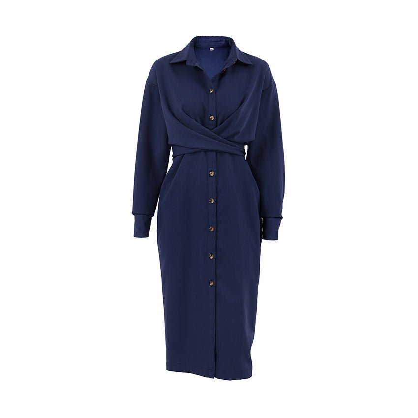 Commute Style Long Sleeve Shirt Skirt Midi Dress Casual Temperament