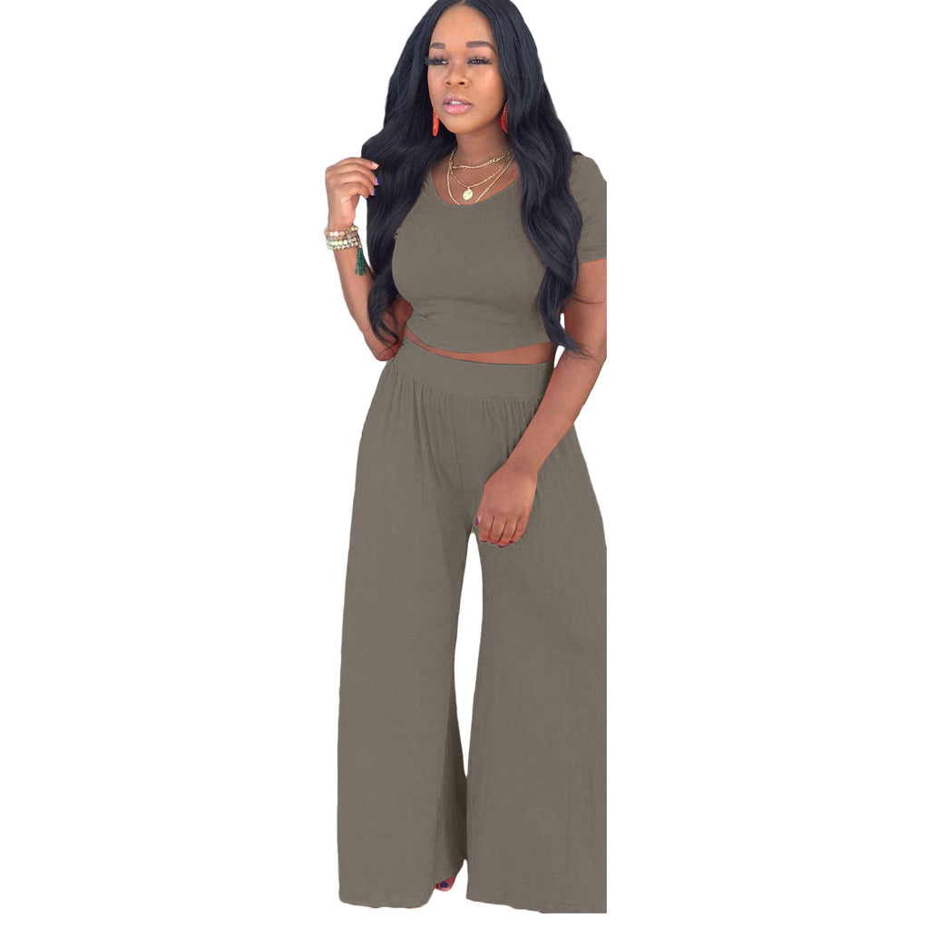 European and American Fashion Navel Solid Color Wide-Leg Pants Two-Piece Suit