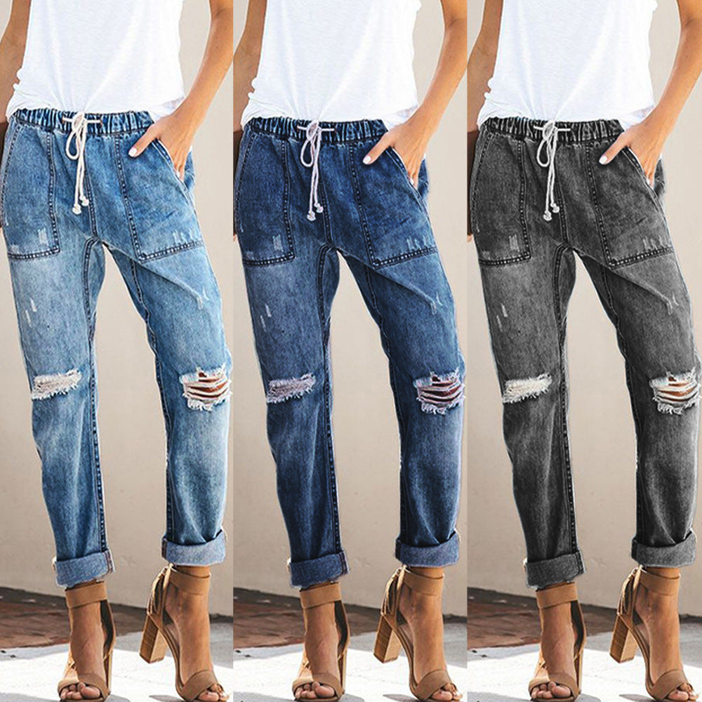 Drawstring Elastic Waist Ripped Denim Pants Casual Pants for Women