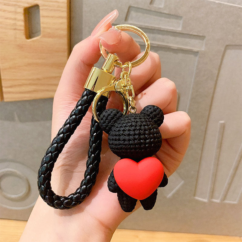 Cartoon Hug Peach Heart Woven Bear Keychain Female Cute Couple Pendant Creative Car Key Chain Ornaments