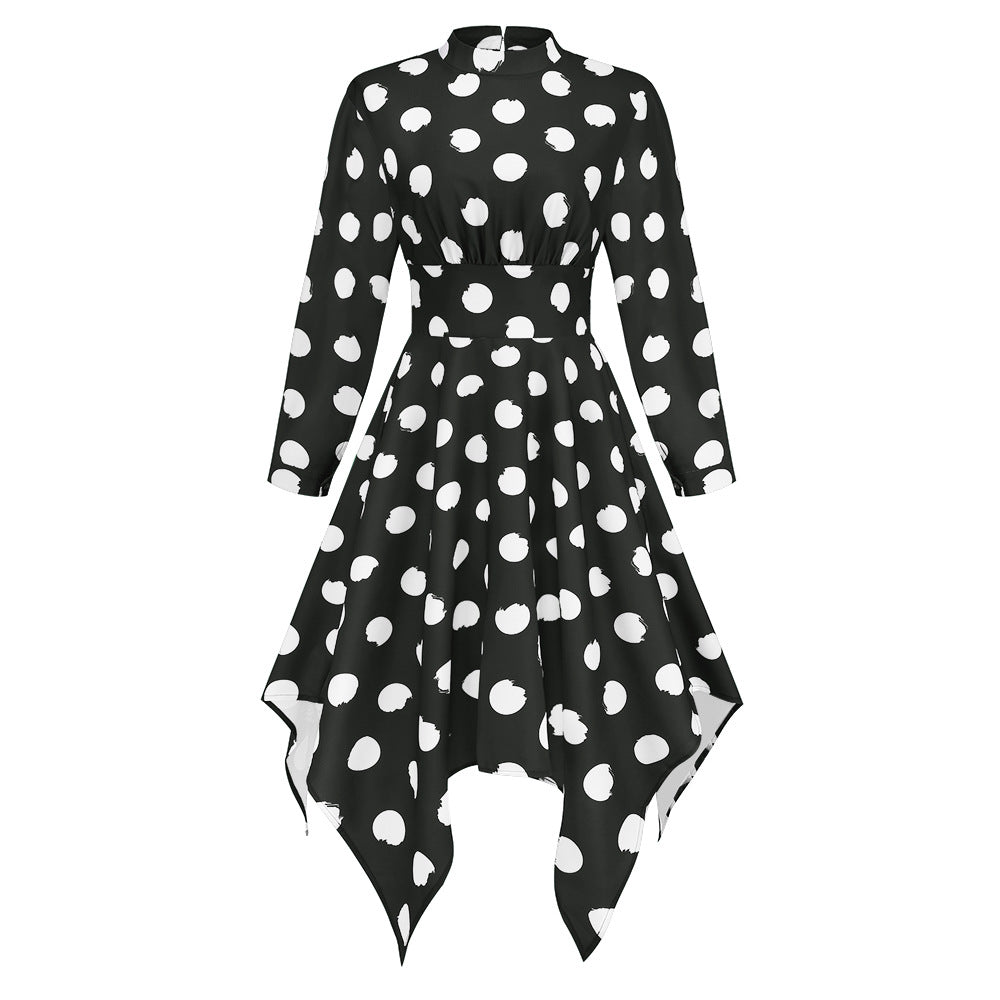 Irregular Long Sleeve Polka Dot Dress Women's New European and American Popular