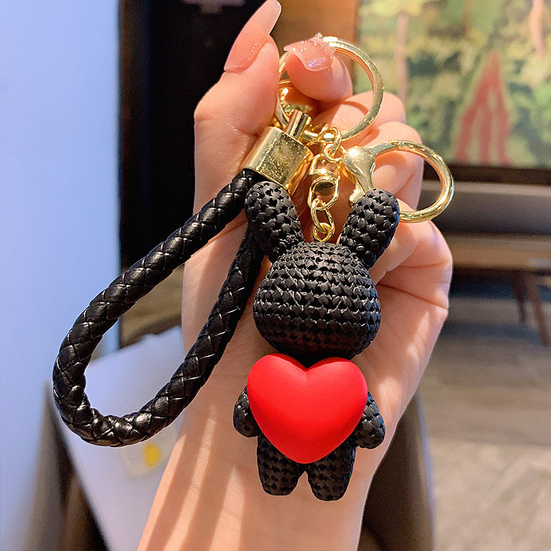 Creative Peach Heart Woven Rabbit Keychain Female Cute Couple Rabbit Schoolbag Pendant Car Key Chain Ornaments