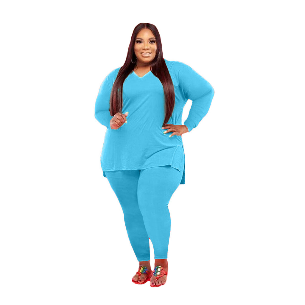 Large Size Women's Clothing Fashion Casual Solid Color Two-Piece Set Women