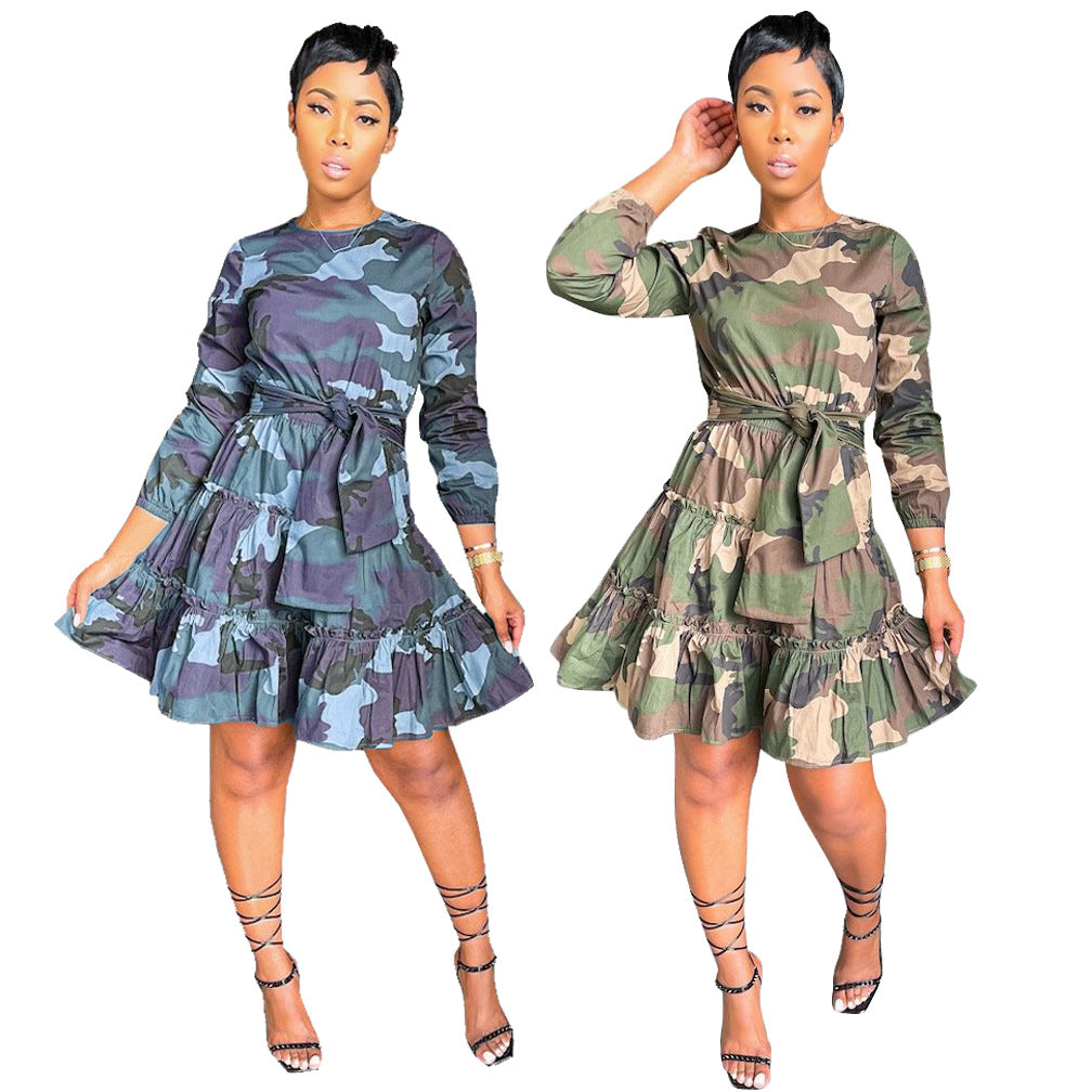 Dress Long Sleeve Camouflage Printed A- line Skirt Mid Skirt Cake Dress