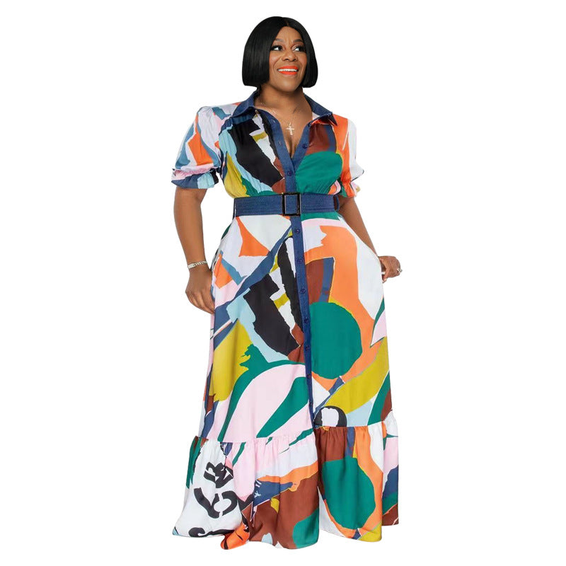 Color Printed Loose plus Size Women's Clothing Dress with Belt