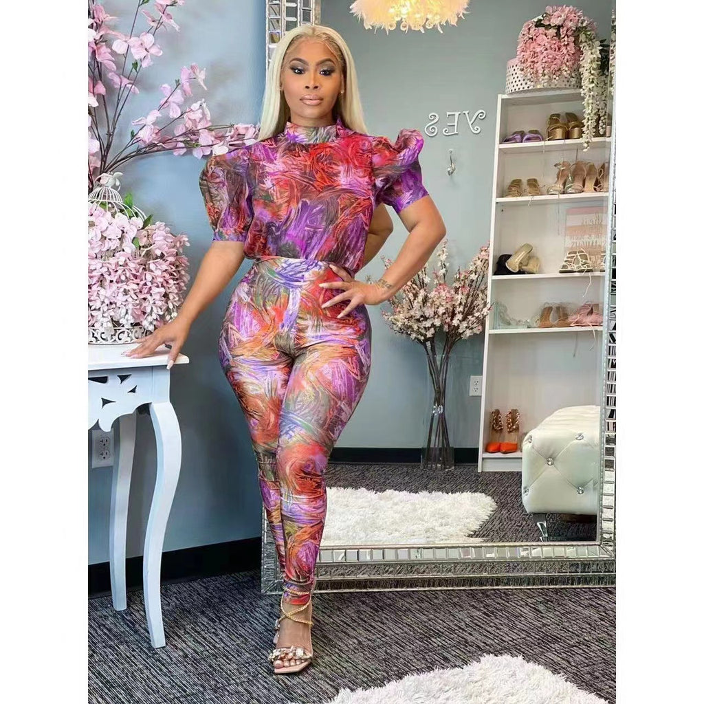 Tight Short Sleeve Printed Puff Sleeve Jumpsuit