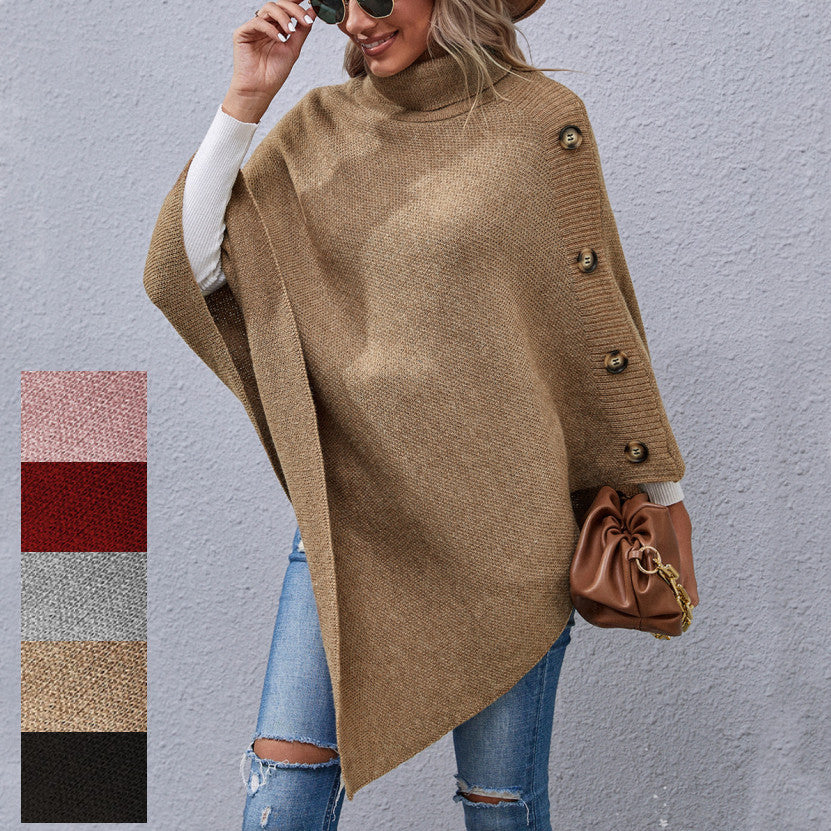 Button Turtleneck Irregular Sweater Shawl Cape Women