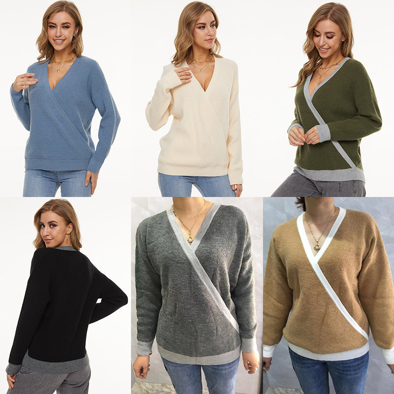 Women's Loose-Fitting V-neck Long Sleeves Sweater Fashion Pullover Top