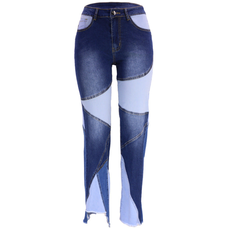 Women's Washed Patchwork Denim Trousers Street Fashion Trends Jeans