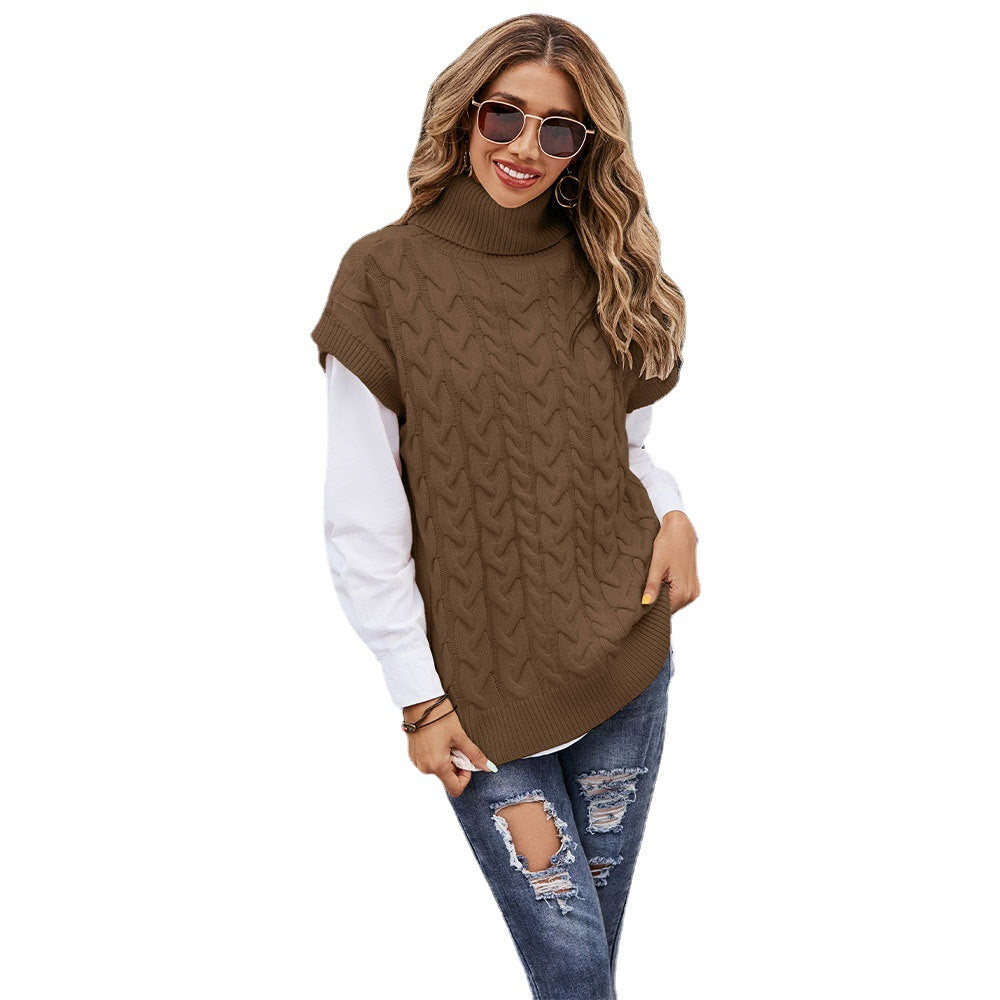 Fashion Sleeveless Twisted Rope Vest Knitted Loose Pullover Turtleneck Sweater Women