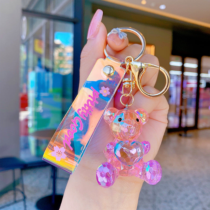 Creative Geometric Gradient Crystal Love Bear Keychain Cartoon Couple Little Bear Toy Bag Package Pendant Gift