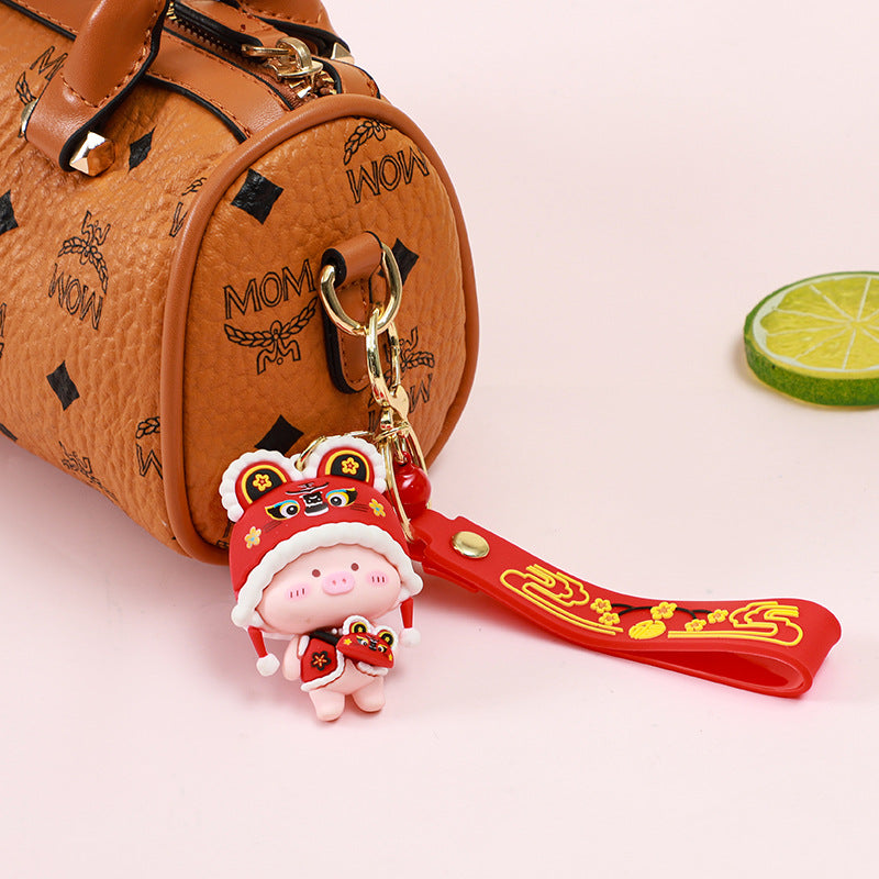 Cartoon Tiger Head Hat Animal Keychain Female Cute Lion Dance Doll Trend Couple Key Chain Handbag Pendant