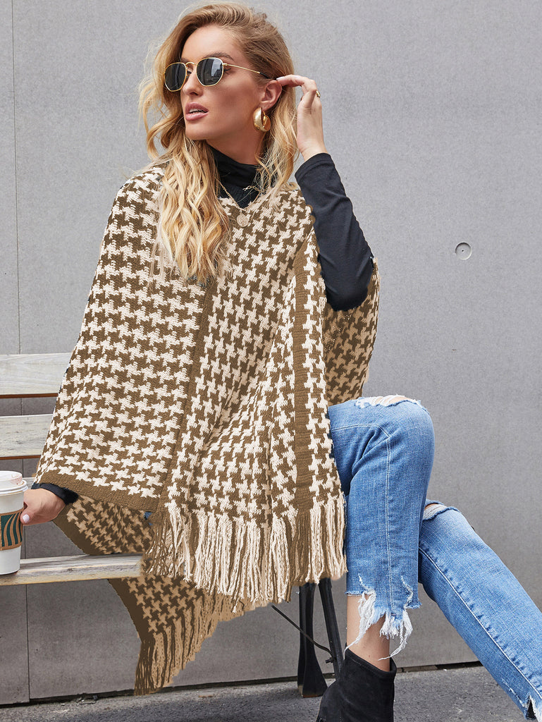 Autumn and Winter New Houndstooth Tassel Shawl Sweater Cloak Women