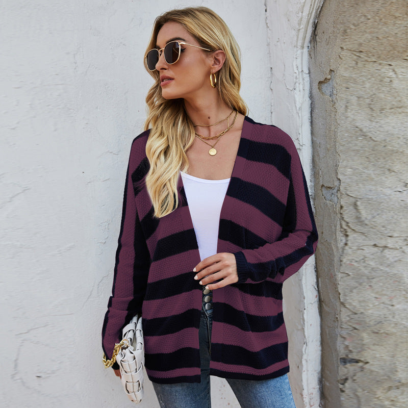 European and American Bat Sleeve Knitted Jacket Loose Striped Knitted Cardigan