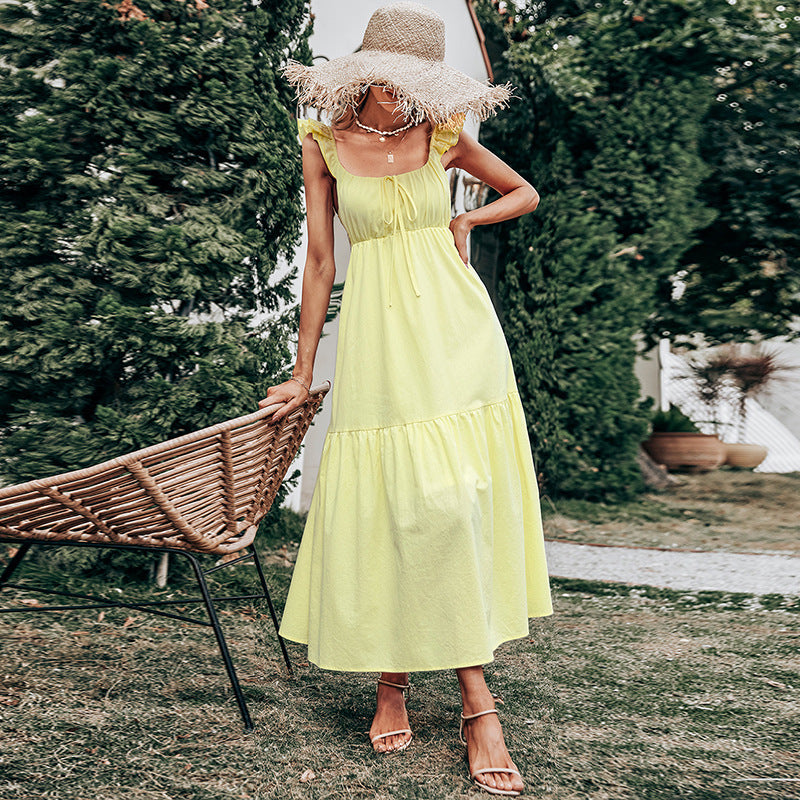 Yellow Suspender Dress High Waist Sleeveless Long Large Hem Dress Wholesale