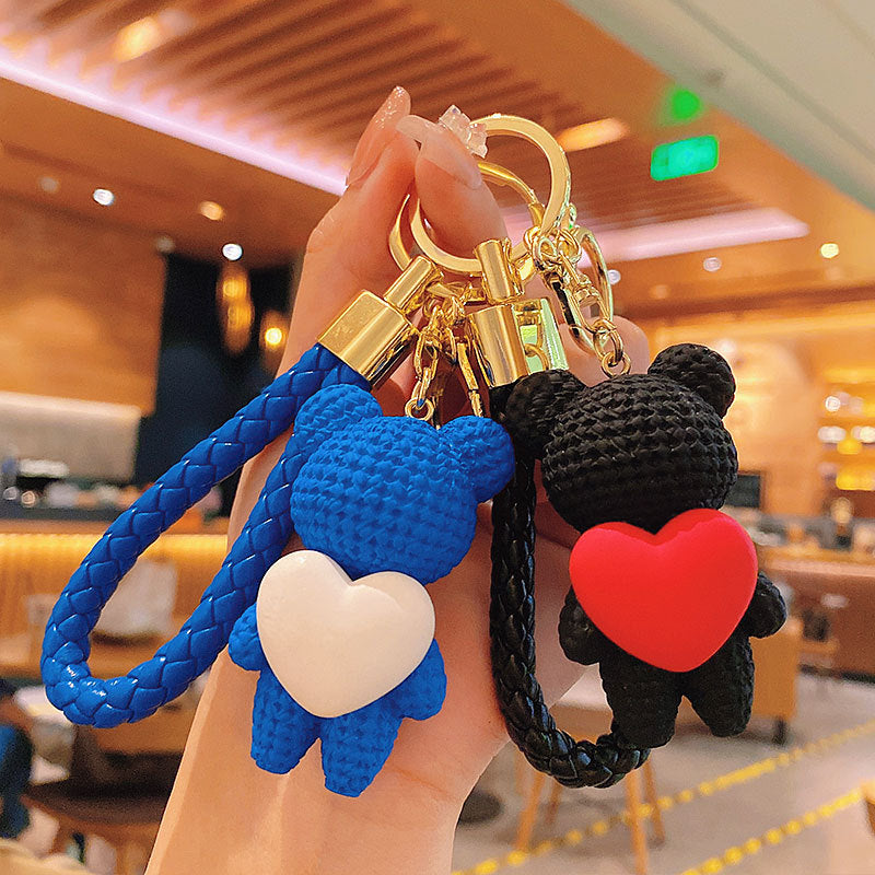 Cartoon Hug Peach Heart Woven Bear Keychain Female Cute Couple Pendant Creative Car Key Chain Ornaments