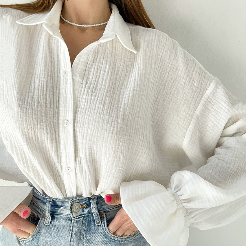 Flared Sleeves Long Sleeves Shirt European and American Pure Cotton Leisure Commute Niche Women's White Shirt