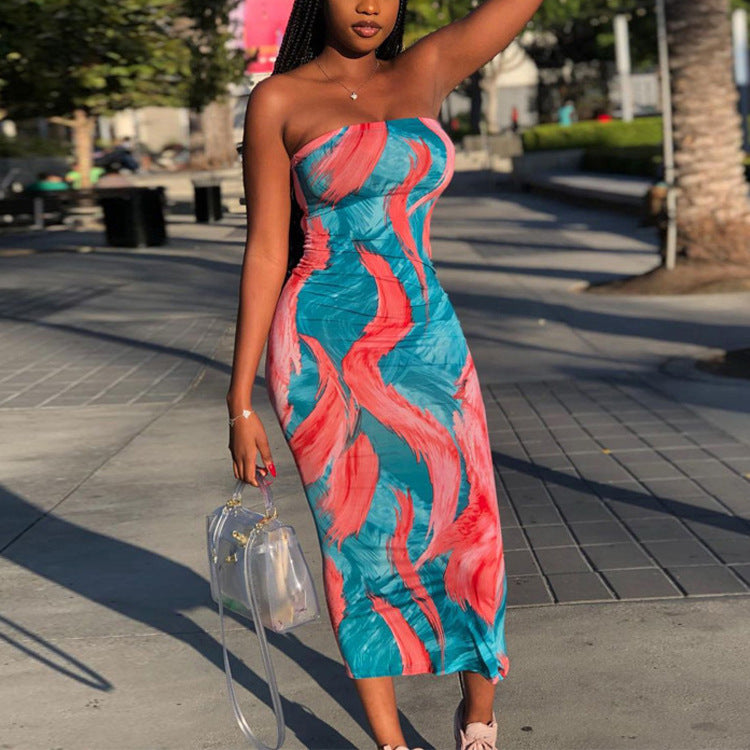 Printed Tube Top Large Size Sheath High Waist Slim One-Step Long Dress Sexy off-Shoulder Dress