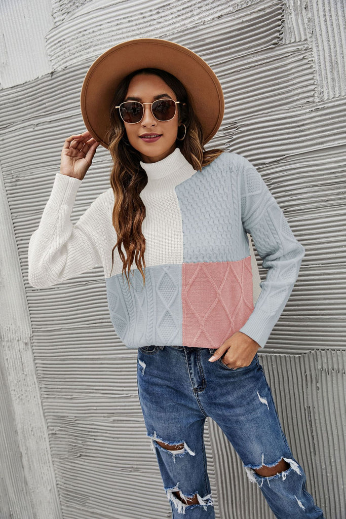 Color Matching Turtleneck Sweater for Women Loose and Simple Knitwear for Women