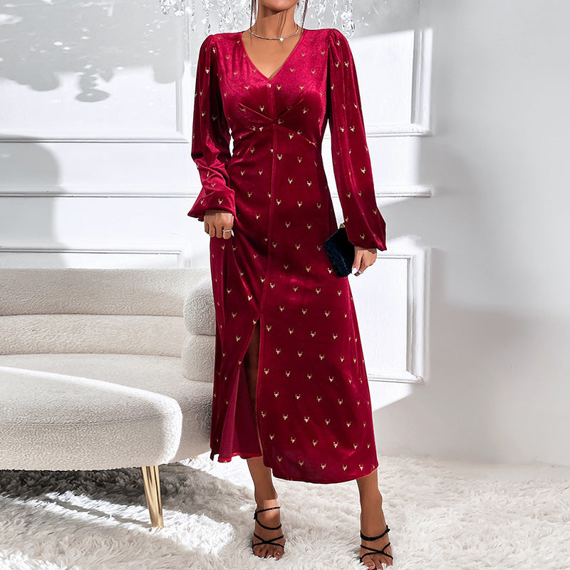 Women's V-neck Long Sleeve Long Waist Velvet Dress Red