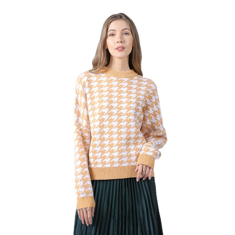 Autumn and Winter New Women's Houndstooth Knit Casual Pullover European and American Large Size Sweater