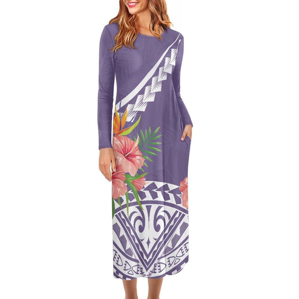 Hawaiian Print Dress Large Size Long Sleeve Round Neck Foreign Trade Women's Long Skirt