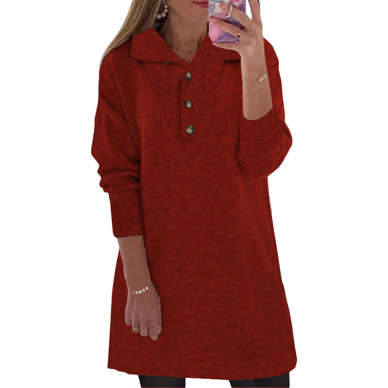 Women's Solid Color Polo Collar Button Long Sleeve Casual Dress for Women