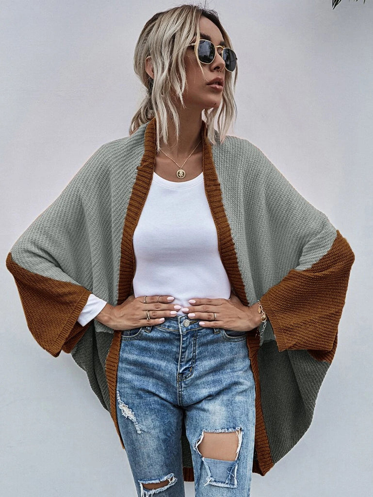 Contrast Color Shawl Autumn and Winter New Color Stitching Knitted Cardigan Sweater Coat