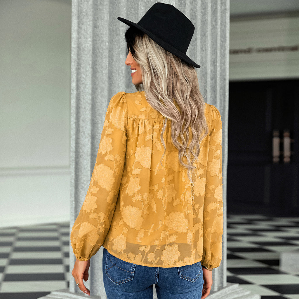 2022 autumn and winter new jacquard round neck top women's American station European and American women's loose chiffon shirt