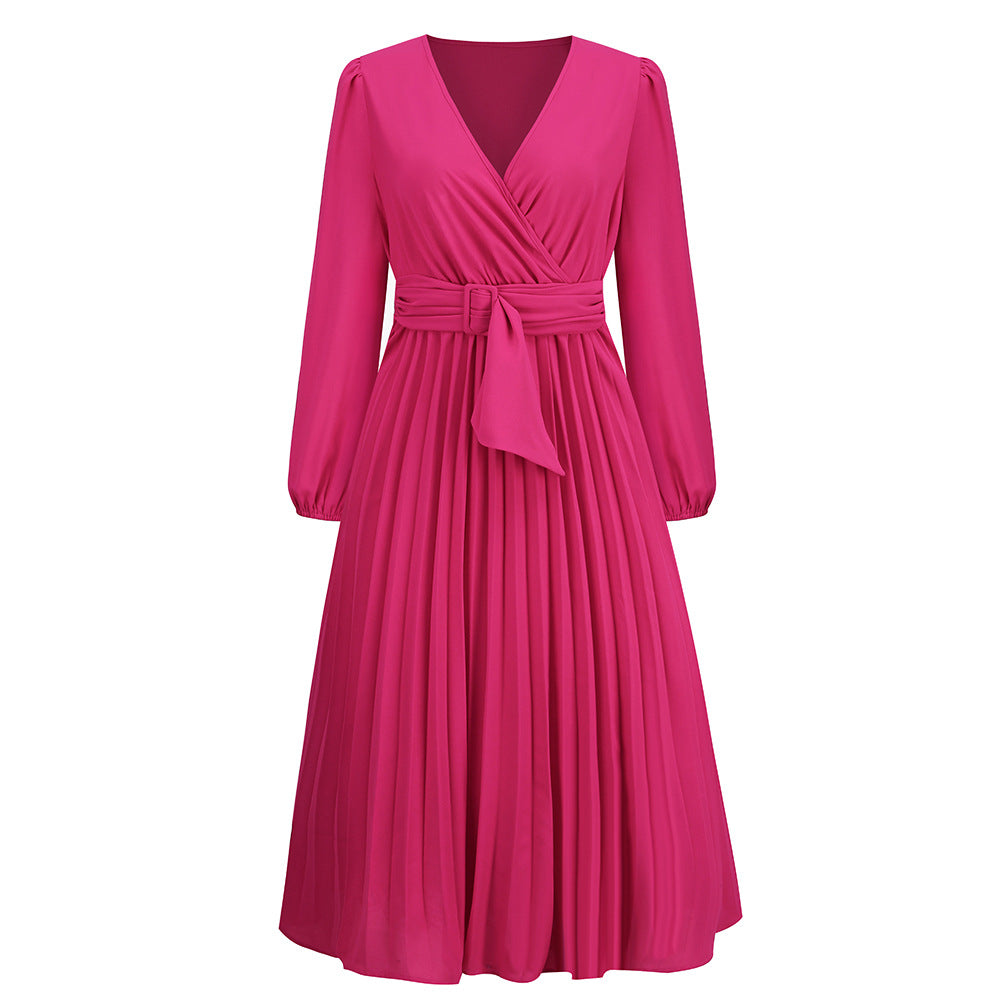 Women's New Long Sleeve Slim-Fit Pleated Belt V-neck Dress A- line Skirt