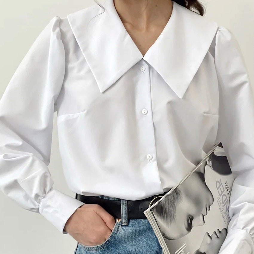 French Style Temperament Commuter Sailor Collar Casual Versatile Long Sleeves White Shirt European and American Classic Niche