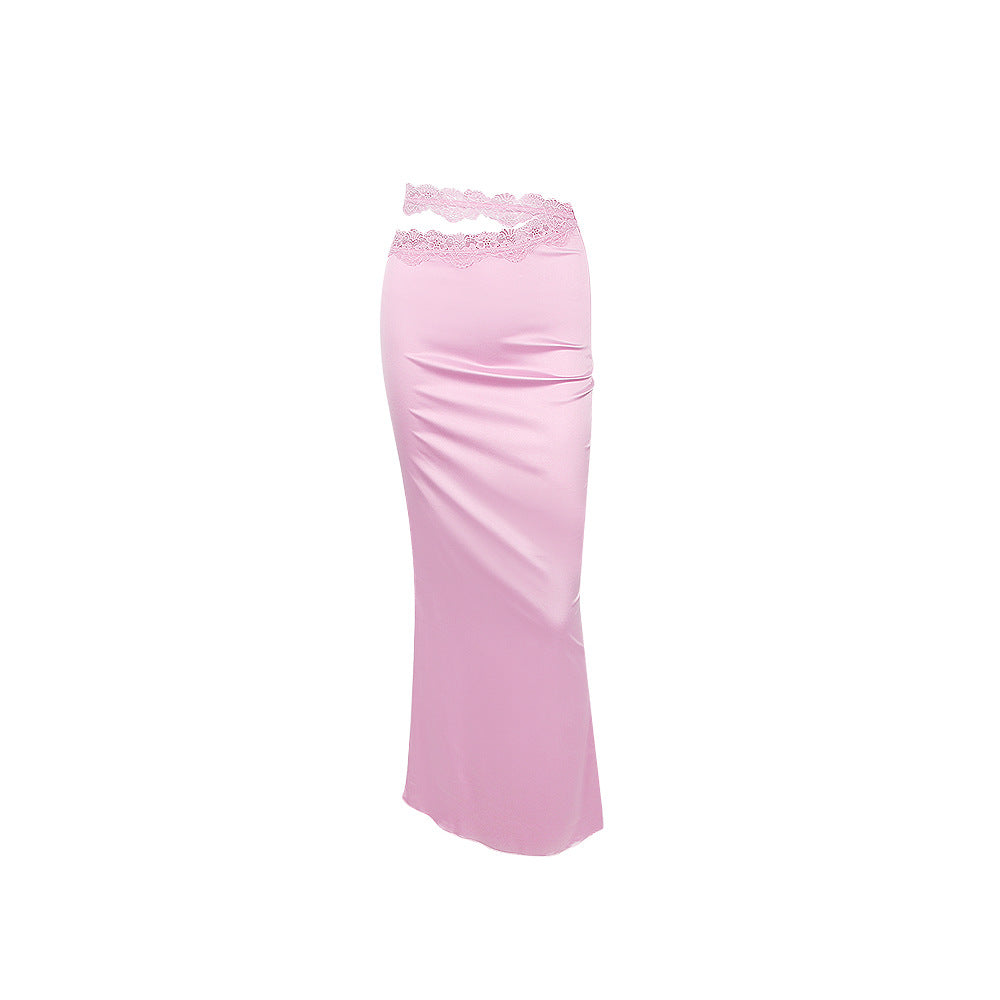 Early Autumn Women's Wear Satin Tight Sexy Sheath Fishtail Skirt Pink Graceful European and American Long Skirt Skirt