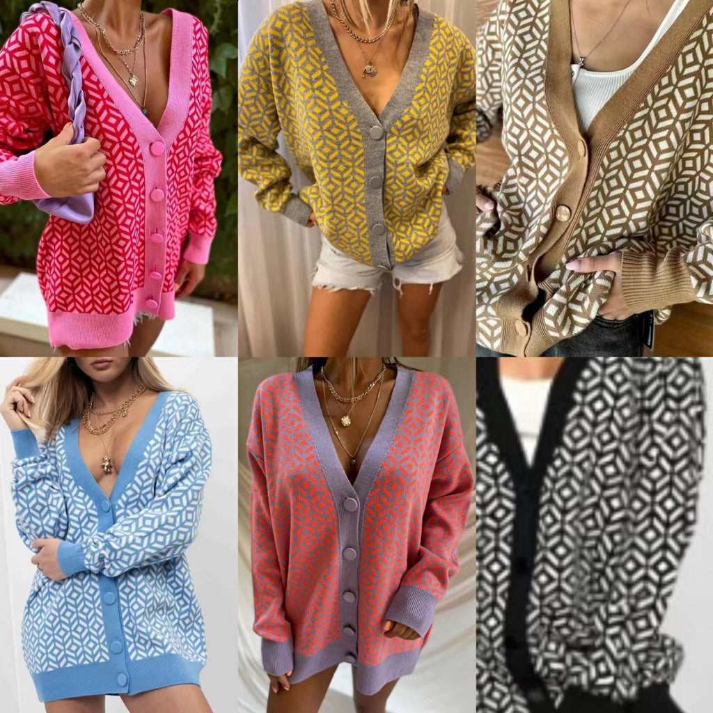 Color-Contrast Check Sweater Cardigan Women's V-neck Loose Long Sleeve Single-Breasted Sweater Cardigan Jacket