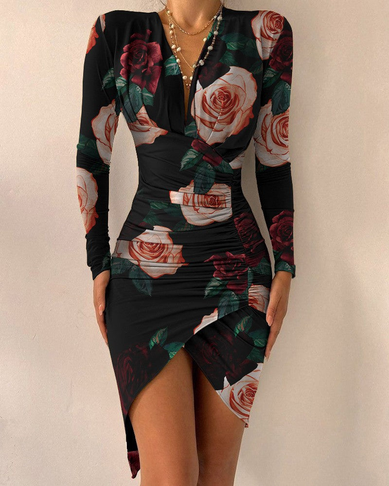 Women's Long-Sleeved V-neck Printed Tight Split Dress