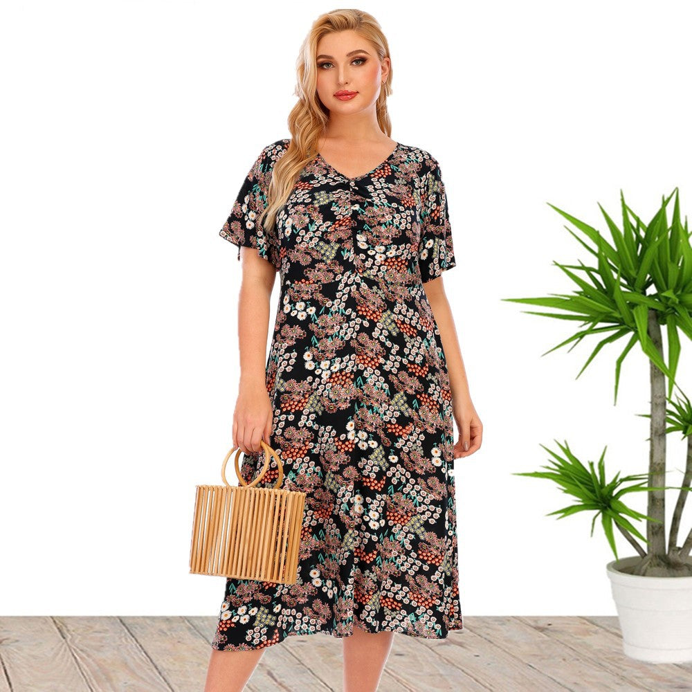 European and American plus Size Women's Clothes Short Sleeve Printed Dress