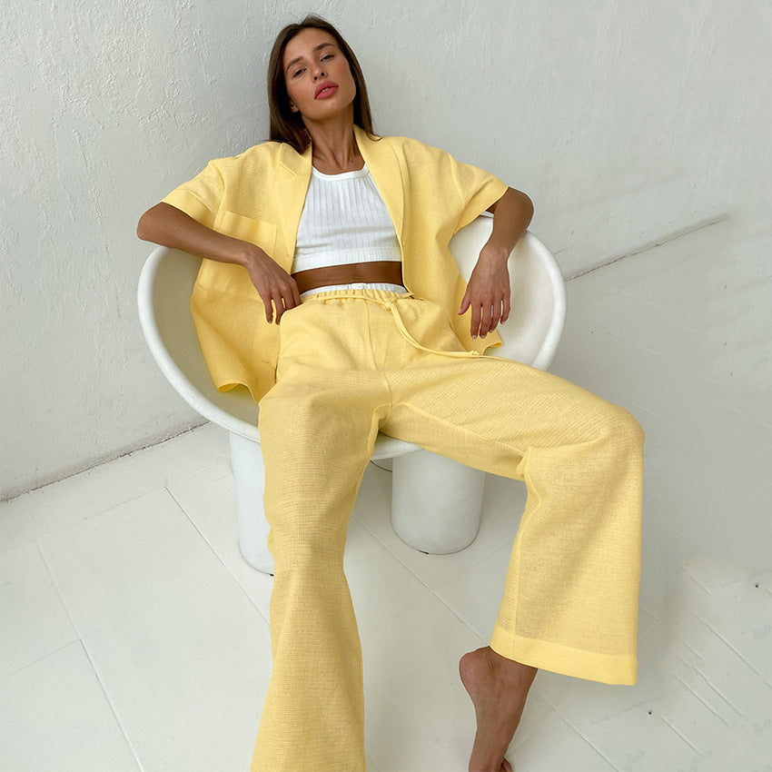 European and American Fashion Two-Piece Suit Casual Women's Clothing Irregular Collar Short Sleeve Shirt Wide Leg Pants Suit