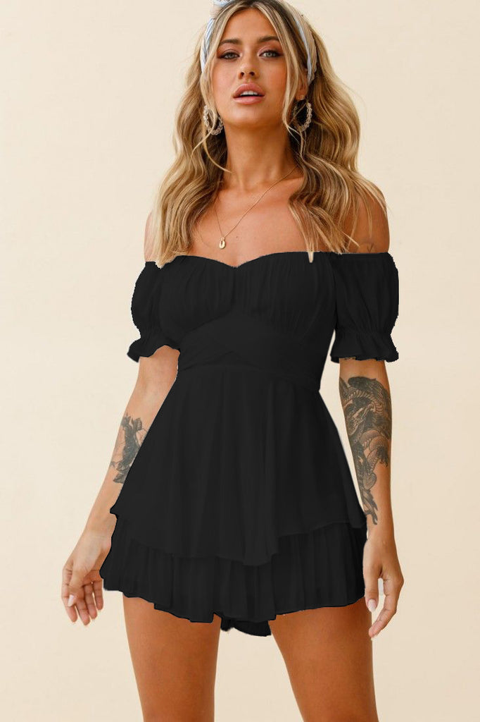 Jumpsuit Solid Color Fashion Sexy off-Neck Lantern Ruffle Sleeve Casual Summer Women's Clothing Short Pants
