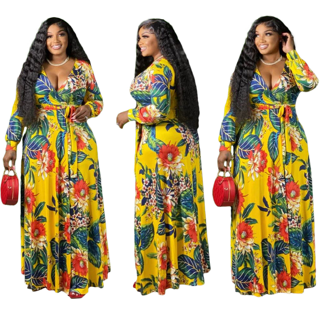 YM-8617 women fahshion 3/4 sleeve v neck foral printed maxi dress