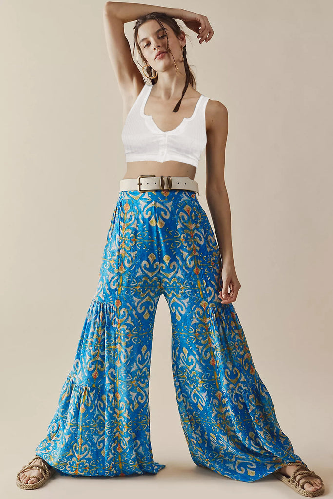 Floral Digital Printing Women's Rope Belt Casual Wide-Leg Pants Beach Vacation Bell-Bottom Pants