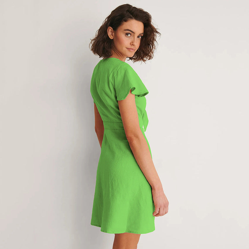 European and American Cotton and Linen Commuter Dress Flying Sleeves Bow V-neck Hollow Waist A- line Skirt for Women