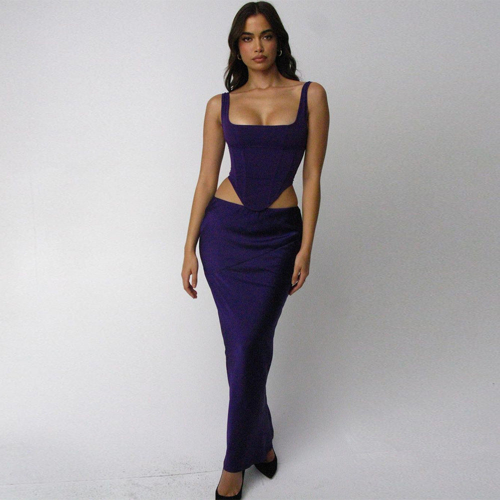 Autumn and Winter New Mesh Fishbone Sling Backless Satin Sheath Slit Dress Two-Piece Set for Women