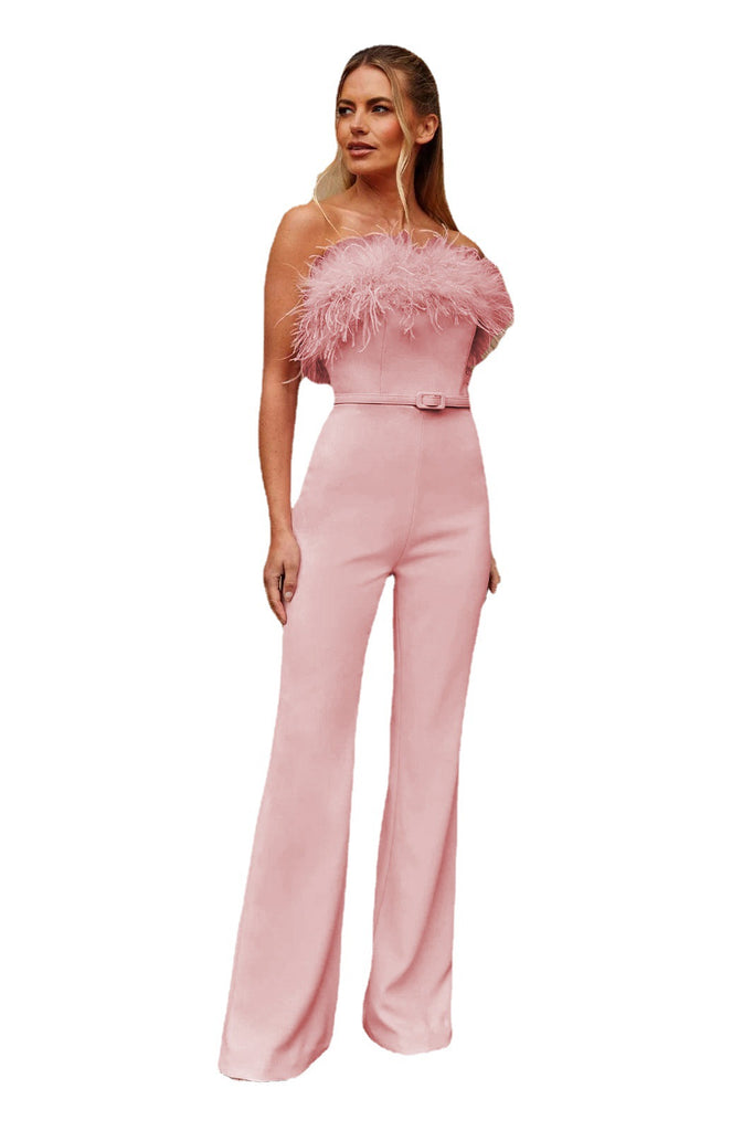 Chest-Wrapped Furry Collar Belt Slim-Fit Dress Pants Jumpsuit